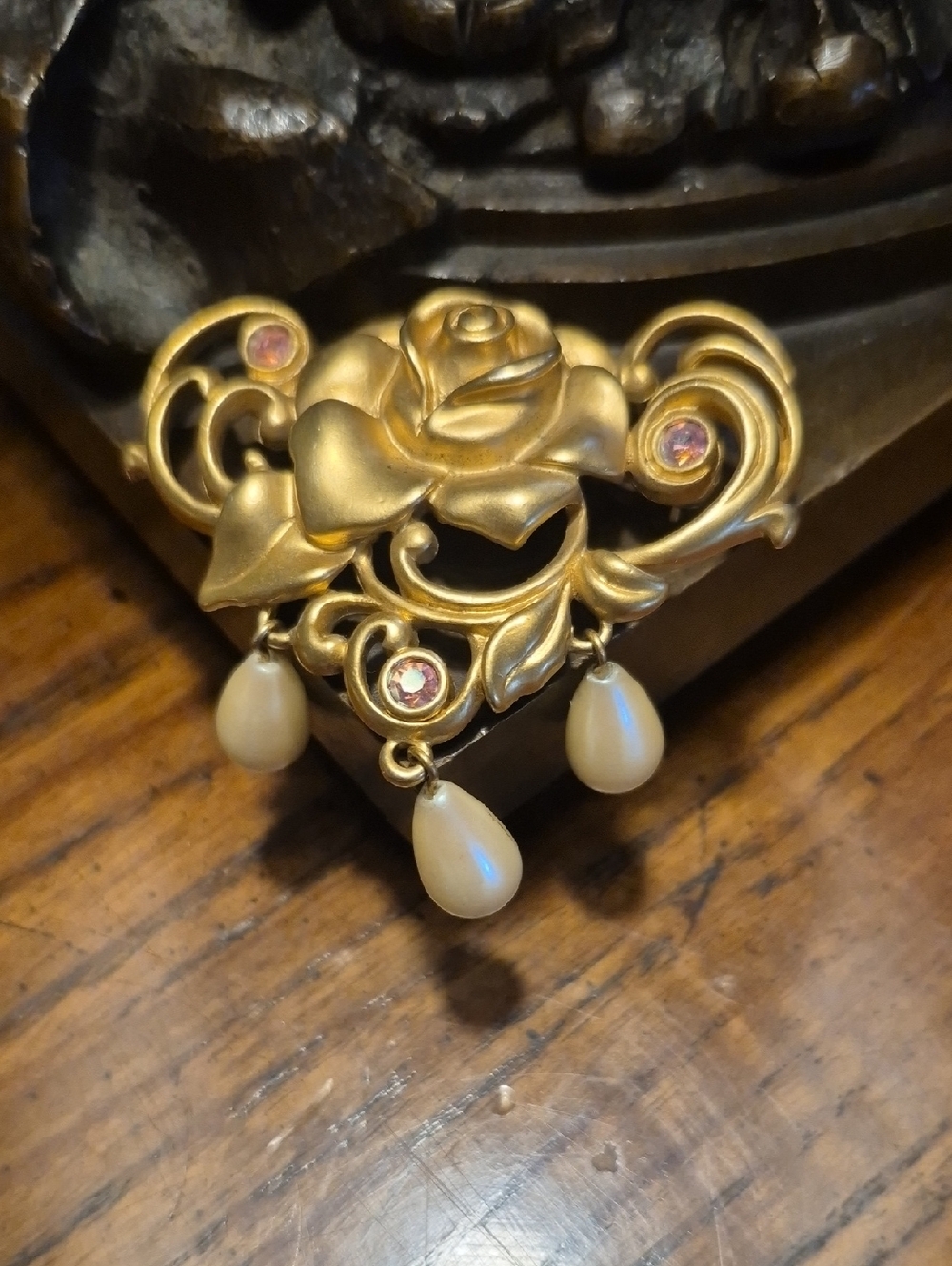Vintage Avon Victorian Style Gold Tone Rose Brooch Faux Pearls and AB Crystals